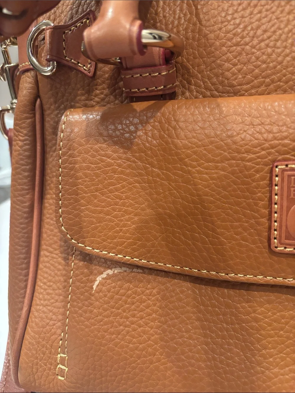 Dooney & Bourke Caramel Tan Pebbled Leather Satchel with Contrast Strap